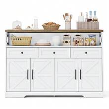140cm Sideboard Buffet With Storage Space, Coffee Bar With 3 Drawers, Rustic Style Console With Doors, Cabinets With Shelves, Suitable For Kitchen, Living Room, Hallway, White/Brown Rustic Style - 白色 - 查看 1