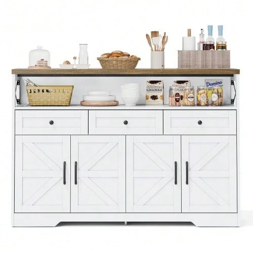 140cm Sideboard Buffet With Storage Space, Coffee Bar With 3 Drawers, Rustic Style Console With Doors, Cabinets With Shelves, Suitable For Kitchen, Living Room, Hallway, White/Brown Rustic Style - 白色 - 查看 1