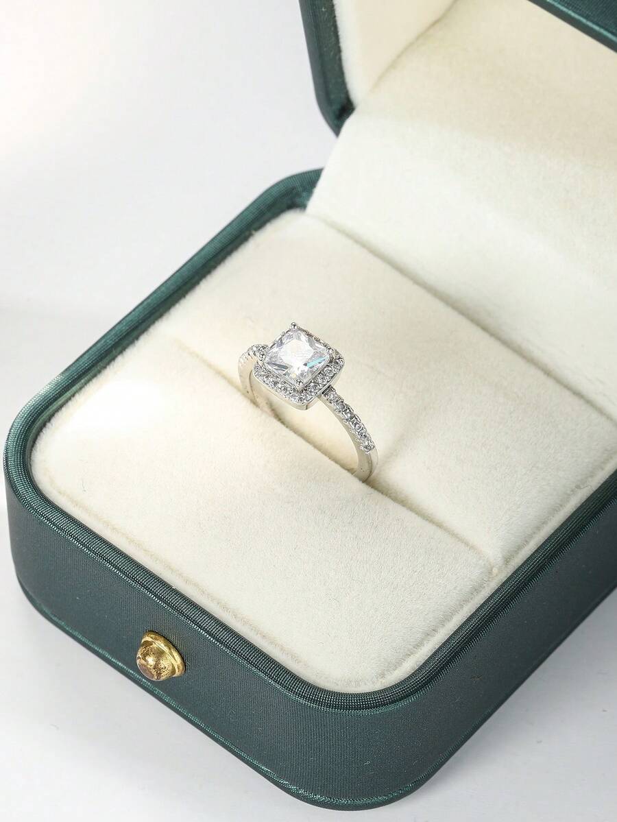 1枚经典立方氧化锆方形水晶银戒指，女士款 - 銀色 - 查看 1