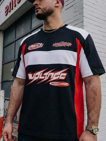 Men's Vintage American Racing Style Colorblock Round Neck Short Sleeve T-Shirt