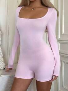 Women's Square Neck Solid Color Minimalist Jumpsuit - Long Sleeve Short Jumpsuit, Suitable Fitness, Versatile Outdoor Sports, Valentine's Day, Spring/Summer Long Sleeve Knit Jumpsuit Black Elegant - 粉色 - 查看 5