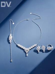 DV JEWELRY 5件套立方氧化锆镀白金奢华项链、手链、耳环、开口戒指首饰套装，优雅珠宝礼品，适合女性、派对、周年纪念日佩戴 - 查看 3