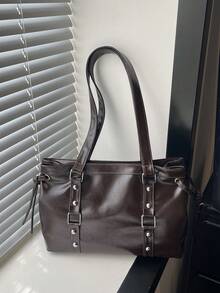 1pc Vintage Large Capacity Tote Bag, Commuter Oversized Underarm Bag, Fashion Motorcycle Wine Red Women's Bag, Solid Color Oiled Wax PU Leather, Strap Decor, Zipper Closure, Burgundy, Outdoor Office Ladies Shoulder Bag, College Student Backpack, Short Trip, Vacation, Gift, Valentine's Day, Souvenir, Gift For Girlfriend, Birthday Gift, Shopping, Business, Best Choice, Suitable For Daily Use - Coffee - View 10