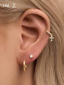 1pc Dainty 925 Sterling Silver CZ Pendant With A Cross Zirconia Set With Three-Diamond Huggie Hoop Earrings With Dangling Charm,Hypoallergenic Gold Earrings,For Women's Daily Wear - Three Diamonds + Cross - View 8