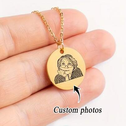 1pc Custom Engraved Photo Necklace, Personalized Stainless Steel Portrait Pendant, Elegant And Cute Design, High Quality Durable Women's Jewelry, Perfect Gift For Mother's Day & Christmas, Daily & Party Wear, Custom Necklace, Multifunctional Accessories, Easter Gift, Personalized Custom Necklace