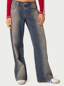Edikted  Women's Wide Leg Jeans Baggy Jeans Low Waist Stretch Boyfriend Denim Pants Vintage Trousers With Pocket - Blue Brown Washed - 查看 2