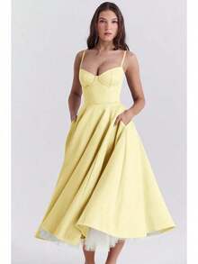 Women's Elegant Double Layered Flowy Dress, Classic Full Skirt A Line Swing Midi Gown, Lightweight Premium Casual Formal Dress, Modest Chic Party Wedding Guest Bridal Shower Evening Daily Outfit S-2XL - 黃色 - 查看 2