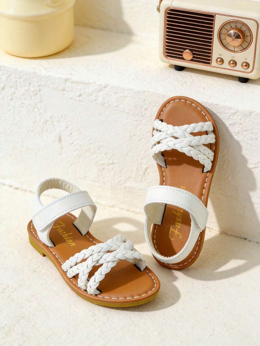 3-12 Years Old Girls' Adjustable Woven Criss-Cross Flat Sandals, White With Contrast Brown Woven Footbed, Handmade Style With Hook And Loop Closure - White - View 1
