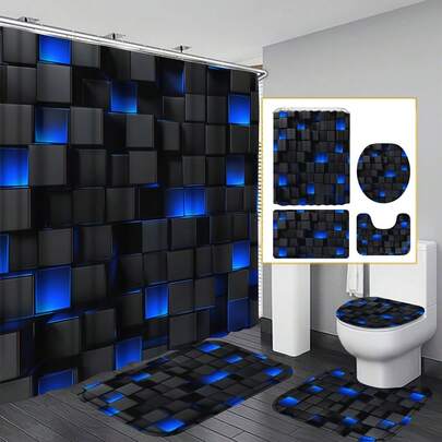 Four-Piece Set Of A Dark Blue Shower Curtain Featuring A Geometric Square Design, Complete With 12 Hooks, A, A, And A Seat Cover. This Modern Abstract Navy Brick Pattern Showcases A 3D Gradient Cube Design, Perfect For Stylish Men'S Bathroom Decor