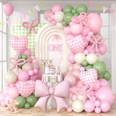 105件套粉色鹅形气球拱门套装，粉色和绿色乳胶气球花环套装，网状心形和蝴蝶结铝箔气球，适用于一周岁生日、鹅主题生日派对、婴儿派对、性别揭晓单身派对、洗礼派对装饰