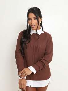 Woman Village Women's Long Sleeve Knit Blouse, Polyester, Winter - Rỉ Nâu - Xem 1