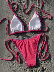 Women's Colorblock Ruffle Trim Bikini Set, Featuring Adjustable Triangle Cups And Tie Design, Suitable For Beach Vacation And Retro Style Summer - Coral Pink - View 4