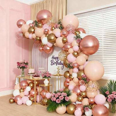 129件套玫瑰金气球拱门套装，粉色和金色白色玫瑰金亮片乳胶气球，适用于婴儿派对、婚礼、生日、毕业典礼、周年纪念、单身派对装饰