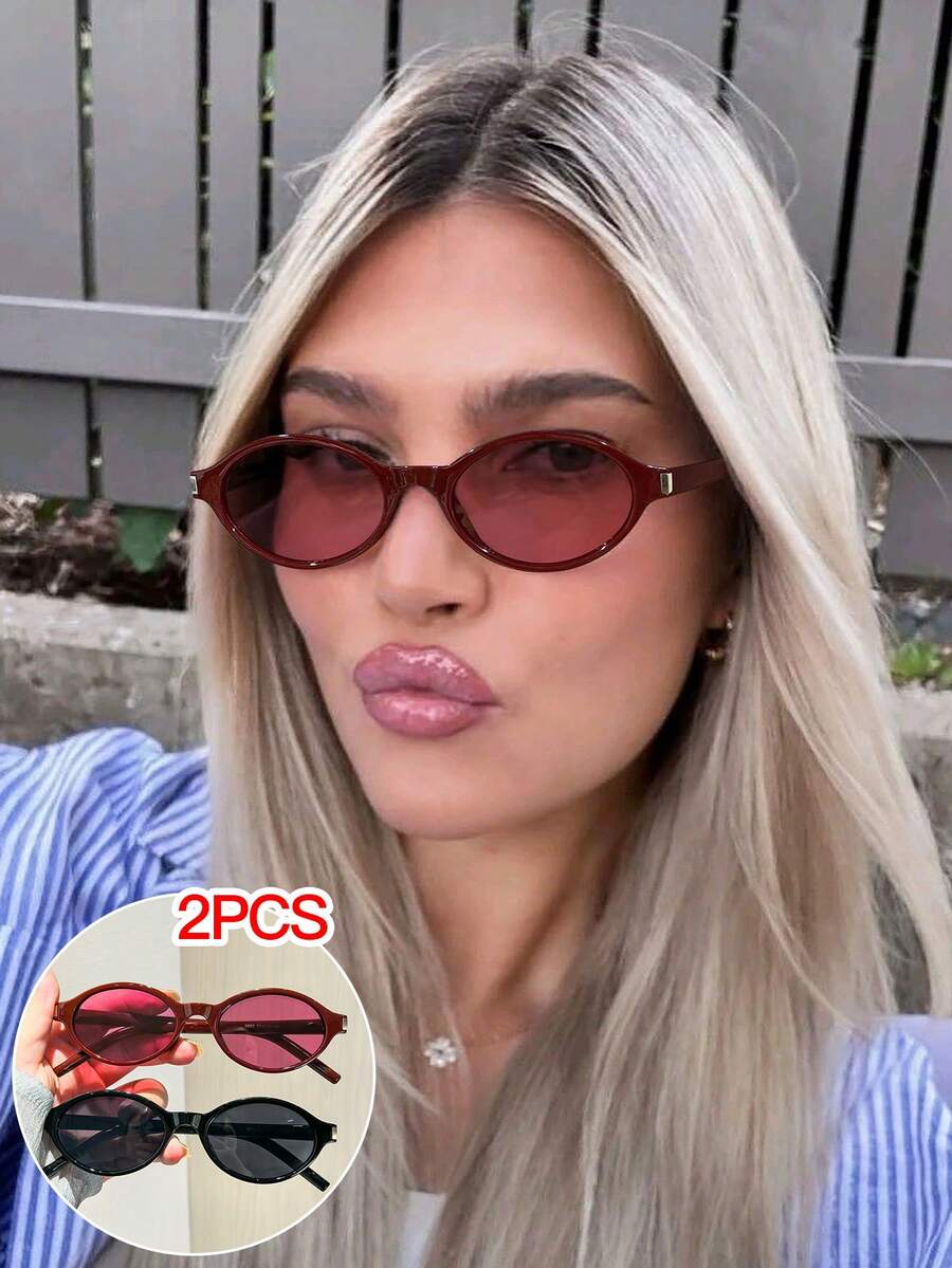 两副装女士时尚眼镜，椭圆形镜框，金属铆钉装饰，轻盈PC材质，复古Y2K风格，适合海滩、派对和日常户外活动，附眼镜盒