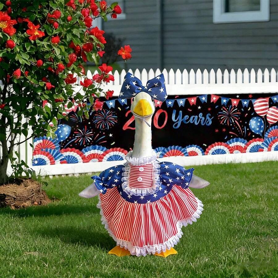Independence Day Goose Outfit For Lawn Porch Goose Statue Outdoor Decorations Star Striped Print Dress With Bow Headband - Màu xanh dương, 2 cái - Xem 1