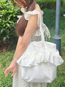 返校季褶皱印花帆布手提包，大容量撞色通勤单肩包，适合大学生，多功能手提包 - 白色 - 查看 4