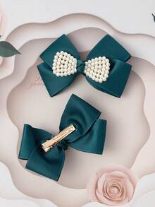Kẹp tóc nơ màu xanh đậm thanh lịch, đa năng cho việc đi lại hàng ngày, kiểu dáng ngọt ngào nữ tính. - Màu xanh lá cây đậm - Xem 6