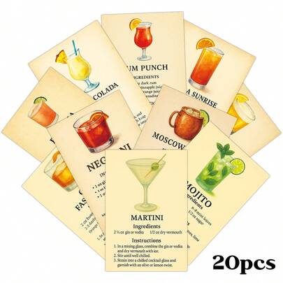 20张复古鸡尾酒配方明信片 - 复古鸡尾酒饮品墙贴套装，适用于酒吧、家居和厨房装饰，小型海报，剪贴簿和工艺装饰卡片
