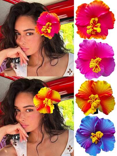 Clip para el cabello de flor de hibisco falso de 8 cm, accesorio para el cabello con estampado floral para vacaciones de verano, fiestas, hecho de fibra de poliéster
