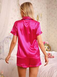 2pcs/Set Women's Satin Solid Color Collared Pajama Set, Button-Up Short Sleeve Top With Bowknot Shorts, Sweet Homewear - Hot Pink - View 2