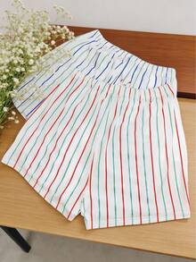 2pcs Women's Lightweight Striped Print Loose Casual Shorts, Suitable For Spring/Summer Wear - Multicolor - View 2