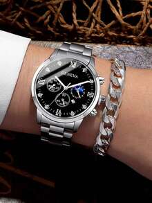 Bộ quà tặng "Phong cách công sở" 4 món của GENEVA: Gồm đồng hồ nam quartz dây thép đen bạc hiển thị chu kỳ mặt trăng, vòng tay mắt xích kiểu , dây chuyền hình thánh giá và nhẫn xoắn. Đồng hồ có mặt số đen bóng bẩy với chữ số La Mã và thiết kế ba mặt số phụ hiển thị chu kỳ mặt trăng; dây thép bạc được đánh bóng toát lên vẻ mạnh mẽ, nam tính. - Bạc - Xem 4