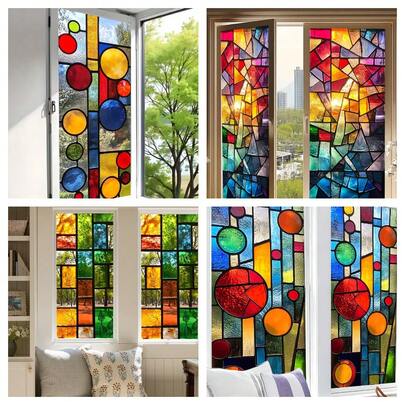 1/4 قطعة من ملصق زجاج ملون بنمط هندسي فسيفسائي، ملصق زجاج ملون للخصوصية بتأثير ثابت، ملصق زجاج ديكوري مقاوم للماء وقابل لإعادة الاستخدام لأبواب المنزل والمكتب