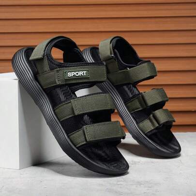 1 Pair Men's Summer Sandals, Flat, Non-Slip Material, Hook And Loop Strap Design, Suitable For Outdoor, Casual, Beach