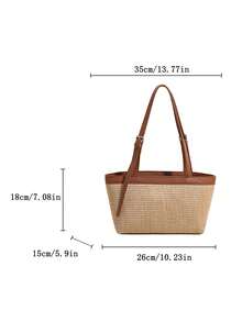 New Arrival Spring/Summer Vacation Season Straw Patchwork Tote Bag, Large Capacity Resort Style Versatile Tote Bag, Polyester & Faux Leather Material, Adjustable Strap, Suitable For Daily, Commute, Vacation - Brown - View 3