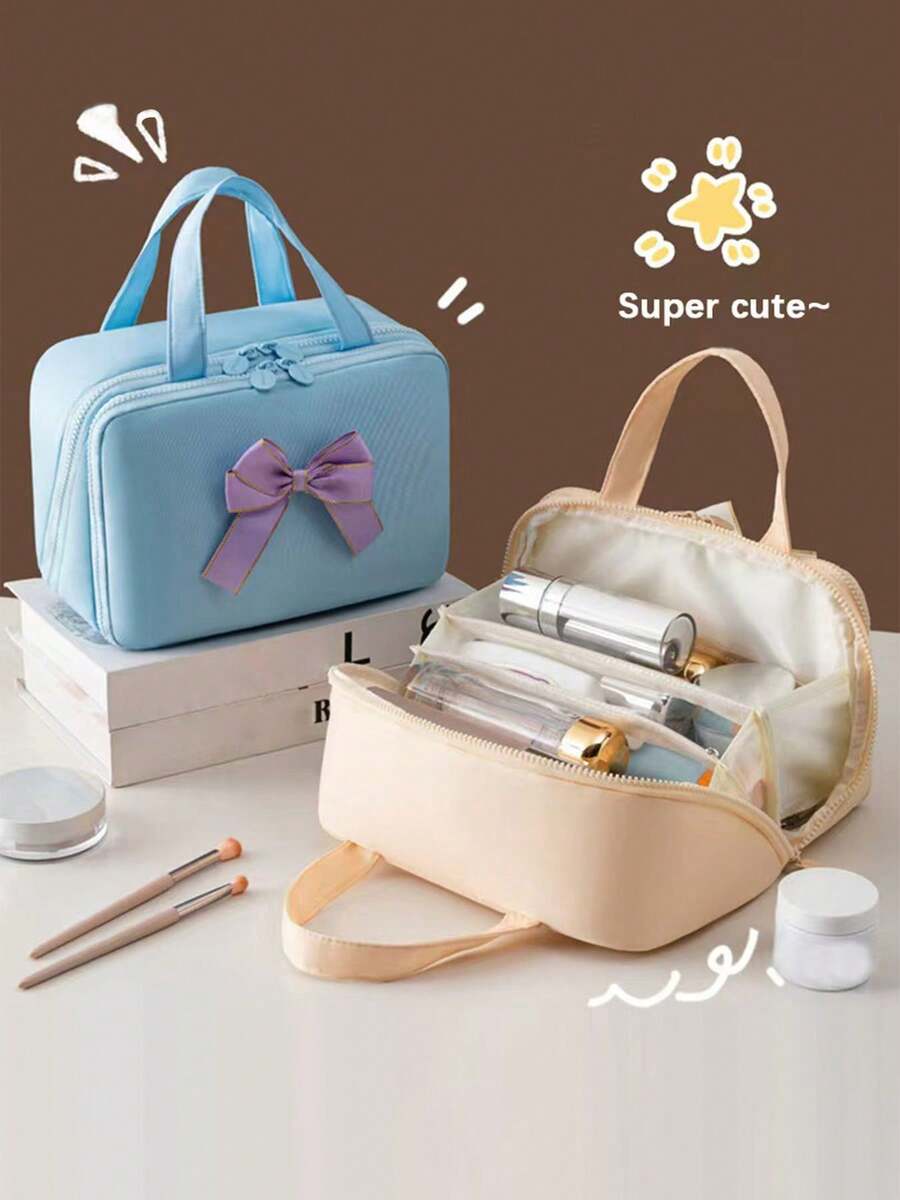 1pc New Multifunctional Large Capacity Waterproof Compartment Travel Makeup Bag With Bow Decor - Multicolor - View 1