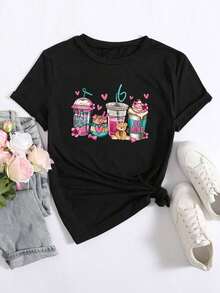 Envío gratis, entrega local enéxico, entrega en 4 días. Camiseta gráfica de manga corta para mujer con estampado de dibujos animados, para uso casual en verano. - Negro - Ver 5