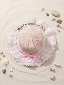 1 pieza Sombrero de paja con gran lazo rosa y volantes ondulados para niñas, sombrero de paja transpirable y ligero para protección solar en verano, playa/deportes al aire libre, apto para niños de 3 a 8 años - 1PC - Ver 12