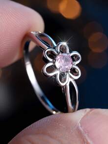 1 Chiếc nhẫn nữ thiết kế tối giản hình hoa đá Zirconia hồng, bạc cổ điển, trang sức cổ điển dành cho phụ nữ và bé gái, quà tặng trang sức thời trang. - Hồng - Xem 4