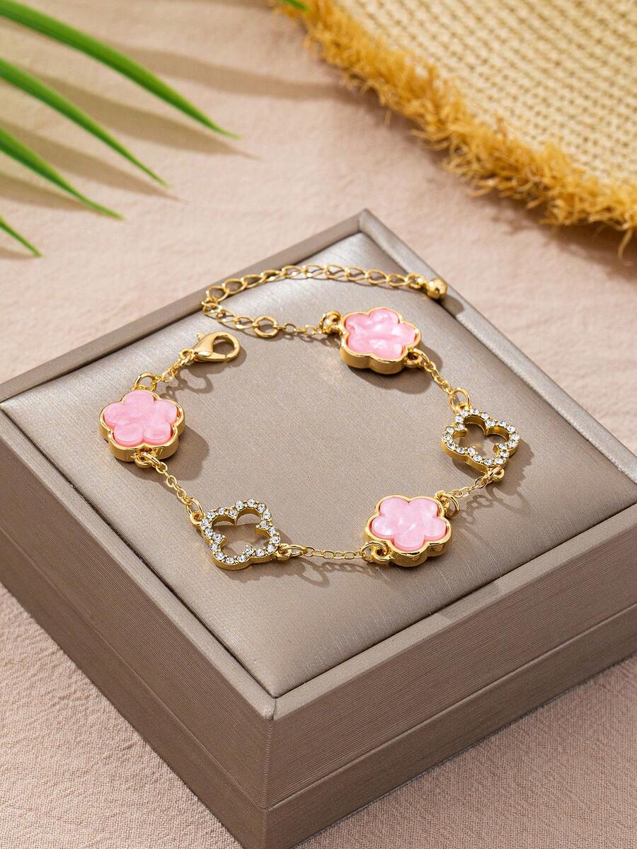 1件 时尚精致奢华亚克力亮粉色镂空四叶草手链（女士款，不含礼盒） - 粉色 - 查看 1