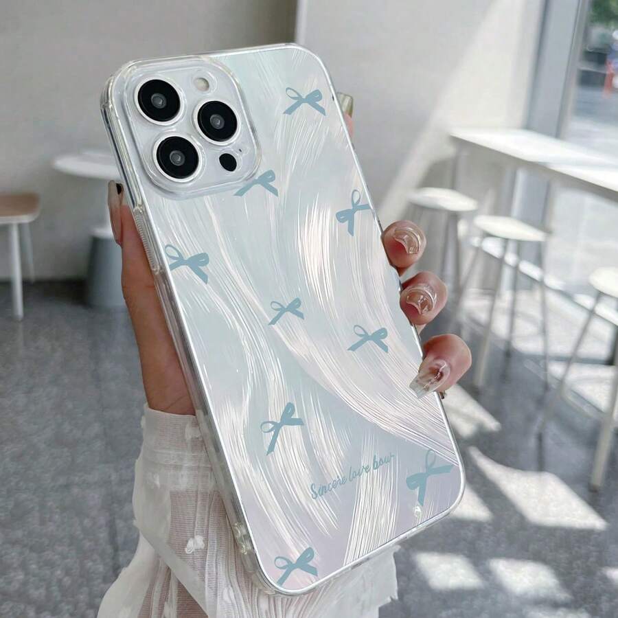 浅蓝色可爱蝴蝶结卡通简约清新IMD手机壳,银色羽毛纱线渐变闪亮激光亮片波浪设计全包防震保护套,国际版兼容三星Galaxy A/S/Plus Ultra Reno Y Honor兼容小米Note Smart Hot Pop Spark安卓手机 - 彩色 - 查看 1