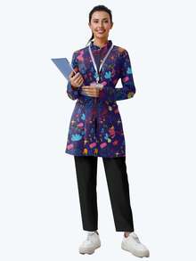 cimmuovere Women's Printed Zip-Up Scrub Jacket With Pockets, Workwear For Nurse, Dentist, Healthcare, Pet Hospital, Laboratory Vacation Spring - Navy Blue - View 5
