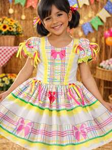 Children's Printed June Festival Dress With Bow – Colorful Country Girl's Dress For June Festivals - trắng - Xem 2