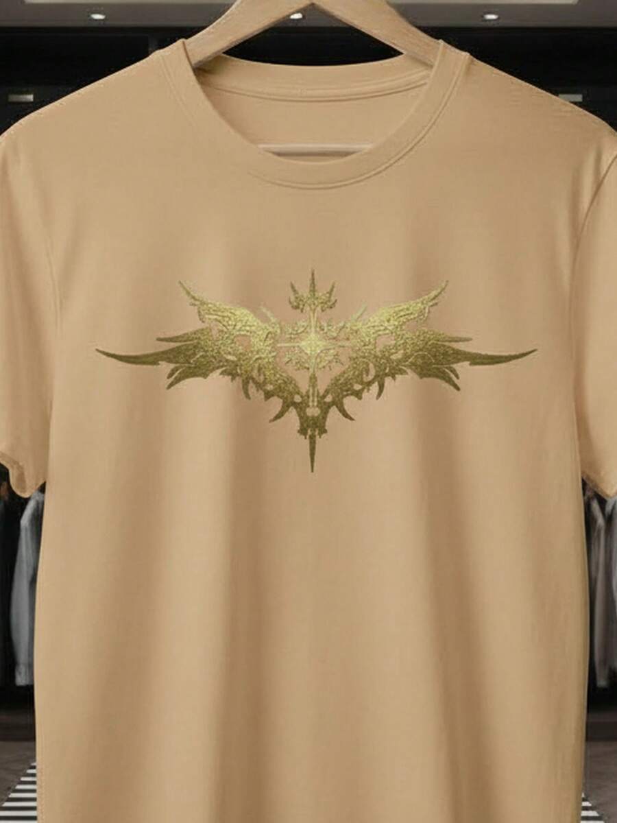 Stylish Men's/Women's/Unisex Printed T-Shirt With Cross, Angel, And Wings In Gold, Premium Knit, Short Sleeve, Round Neck, 100% Cotton - 米色 - 查看 1