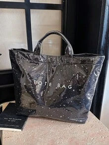 新款夏季时尚手提包，清新独特的星形装饰手提包，简约字母印花手提包，轻便大容量通勤包，适合购物和旅行，轻便拉链手提包；耐磨防水PVC材质女士沙滩包；适合作为礼物送给朋友，也适合购物、约会、通勤、摄影、度假。 - 黑色 - 查看 2