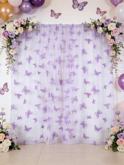 1pc Purple Butterfly Mesh, Party Background Cloth, Birthday Party Supplies, Birthday Decoration Table Flag, Background Curtain, Kitchen Table Cover, Table Runner, Birthday Gifts, Party Favors, Wedding Arch Fabrics, Bridal Shower, Babe Shower Decorations, Birthday Decorations For Home, Room Decorations, Wall Decorations, Photo Props
