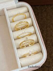 5pcs Fashionable Minimalist Delicate High-Grade Micro-Inlaid Zirconia Faux Pearl Heart Double-Layer Chain Design Unique Daily Versatile Adjustable Copper Rings Set (Excluding Gift Box) For Women - Yellow Gold - View 10