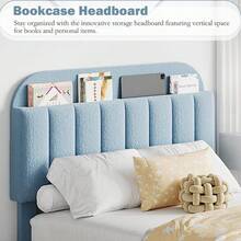 Bed Frame With Storage Headboard, Boucle Upholstered Platform Bed With Bookcase & 2 Drawers, Strong Wooden Slats Support, No Box Spring Needed, Easy Assembly - Blue - View 4