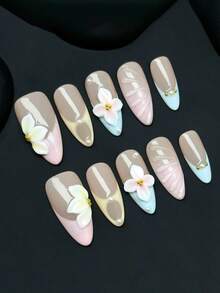 10pcs Handmade Solid Color Oval Nail Stickers, Featuring Macaron Colors, 3D Floral And Pearl Metal Decor, Creating A Fresh And Sweet Style. Suitable For Ladies And Girls To Wear On Holidays, Parties, And Daily Occasions In Spring, Summer, Autumn And Winter. - Multicolor - View 2