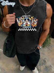 Disney Mickey & Co. EST 1928 Officially Licensed Men's Sleeveless Graphic Tee, 100% Cotton 230g Washed Vintage Casual Shirt - Black - View 3
