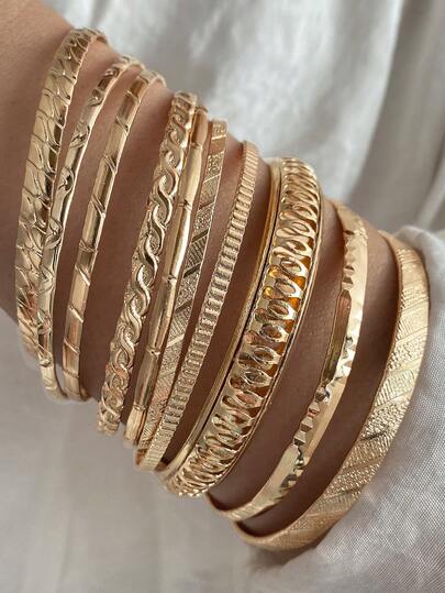 10 ชิ้น ชุดกำไลข้อมือโลหะสลักลายดอกไม้ไม่สมมาตร, ชุดเครื่องประดับข้อมือแบบมินิมอล, เหมาะสำหรับใส่ทุกวัน