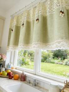 1 chiếc rèm cửa sổ kiểu Boho đan móc - Họa tiết hoa đan móc, phối với vải lanh xanh tươi, trang trí nơ đính hạt, rèm cửa sổ ngắn kiểu nông trại cho nhà bếp, phòng tắm, kiểu treo trên đỉnh. - màu xanh lá - Xem 10
