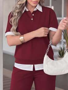 Bộ 2 món dành cho nữ, áo thun tay ngắn cổ polo và quần ống rộng cạp chun, áo polo màu đỏ tía phối cổ tương phản với quần ống rộng, thích hợp cho các hoạt động thể thao ngoài trời, tập thể dục, đi làm, mặc thường ngày vào mùa xuân và mùa hè. - Màu Đỏ Sâu - Xem 4