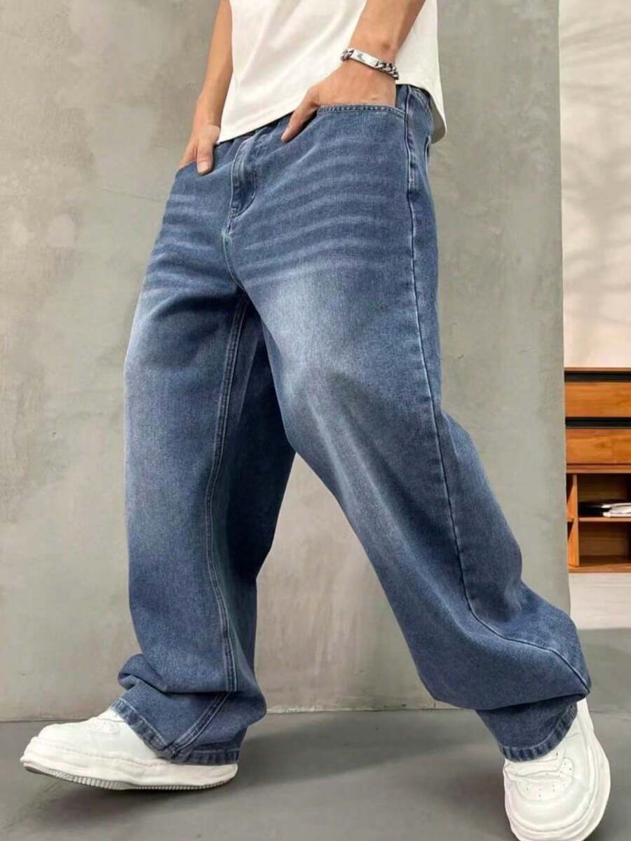 Quần jeans cạp chun dáng rộng cho bé trai tuổi teen, thích hợp cho mùa hè và mọi mùa. - Rửa trung bình - Xem 1