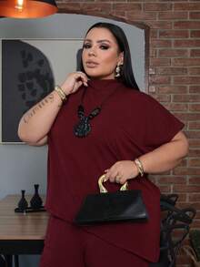 Elegant Plus Size Asymmetrical Set: Wide-Leg Pants And Loose-Fit Top - 查看 4