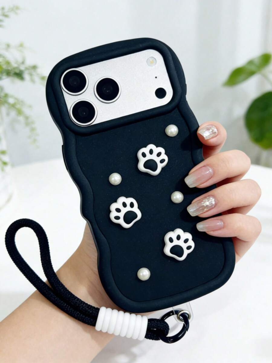 猫咪图案 DIY 黑色猫爪手机壳，带手机挂绳，适用于三星 Galaxy A5X、Note 14/14 Pro、14、Y9/Y7、荣耀 C55、C53 等机型。 - 黑色 - 查看 1